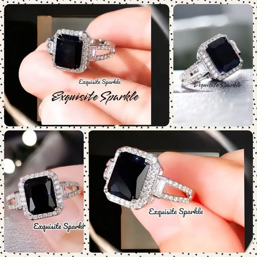 🖤Black Emerald Cut Cz Diamond Halo Ring
